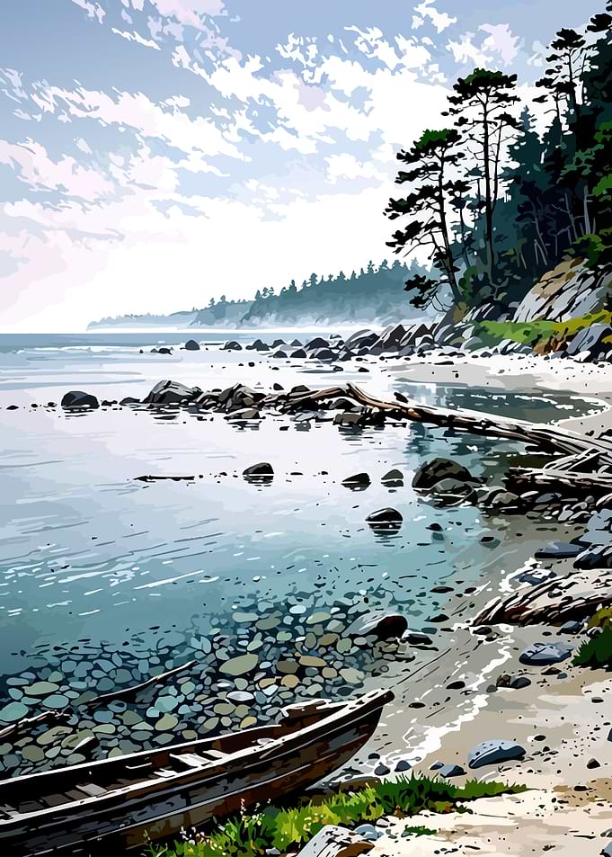 Serene Coastal Landscape with Old Boat