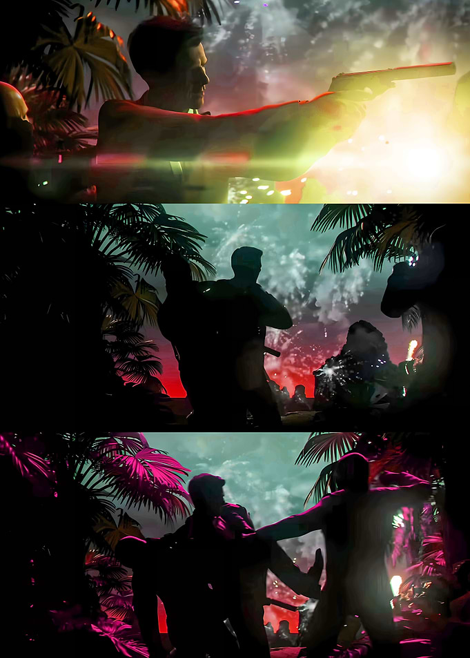 Action scene with guns and explosions