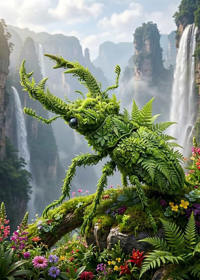 Beetle in Lush Waterfall Landscape