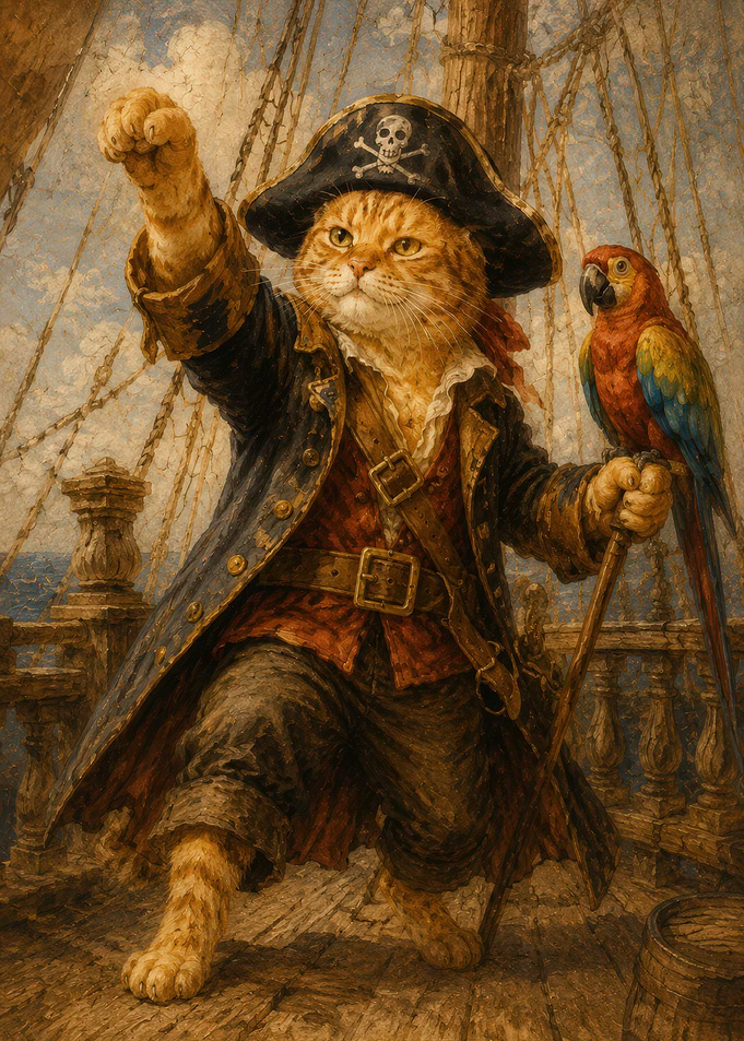 Pirate Cat with Parrot on Ship