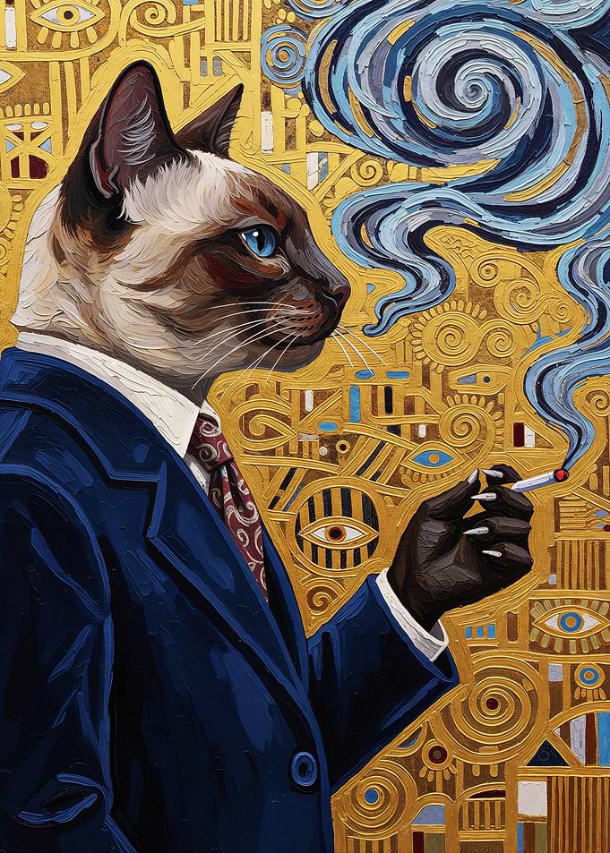 Surreal Siamese Cat Smoking – Luxury Symbolic Painting