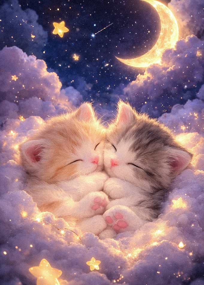 Two Kittens Sleeping on Clouds Under the Moon