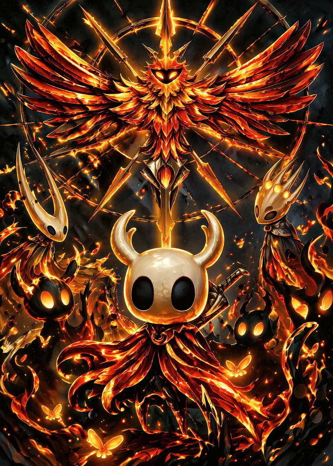 Hollow Knight Characters in Fiery Scene