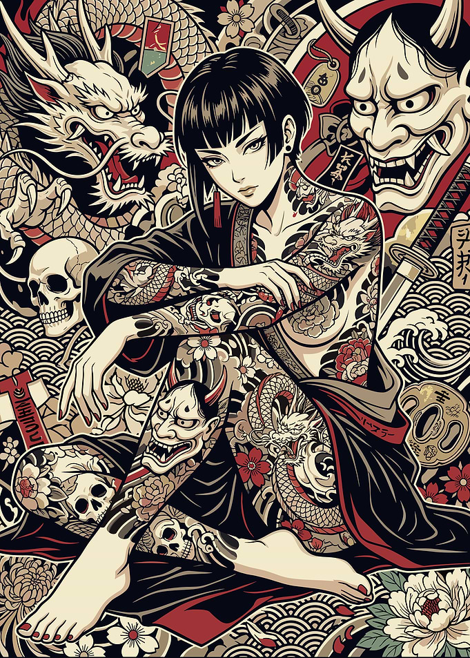 Tattooed Woman with Japanese Motifs