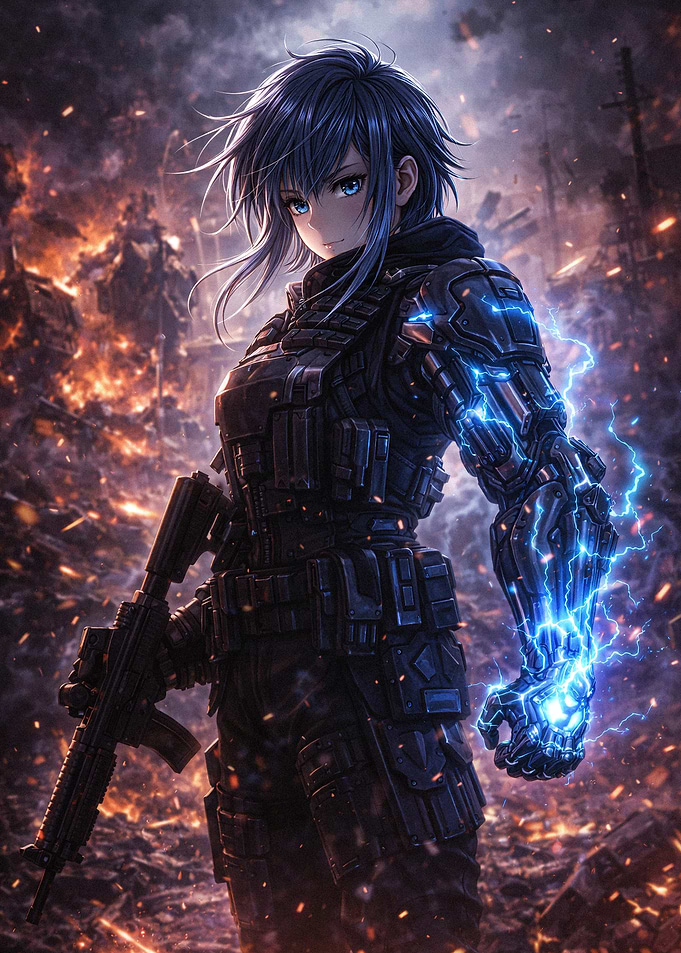 Cyberpunk Soldier with Lightning Arm