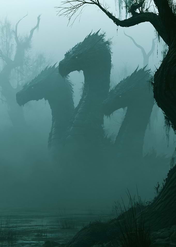 Three-headed Dragon in a Foggy Swamp