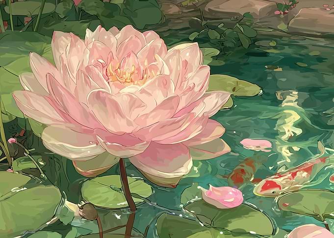 Pink Lotus Flower and Koi Fish