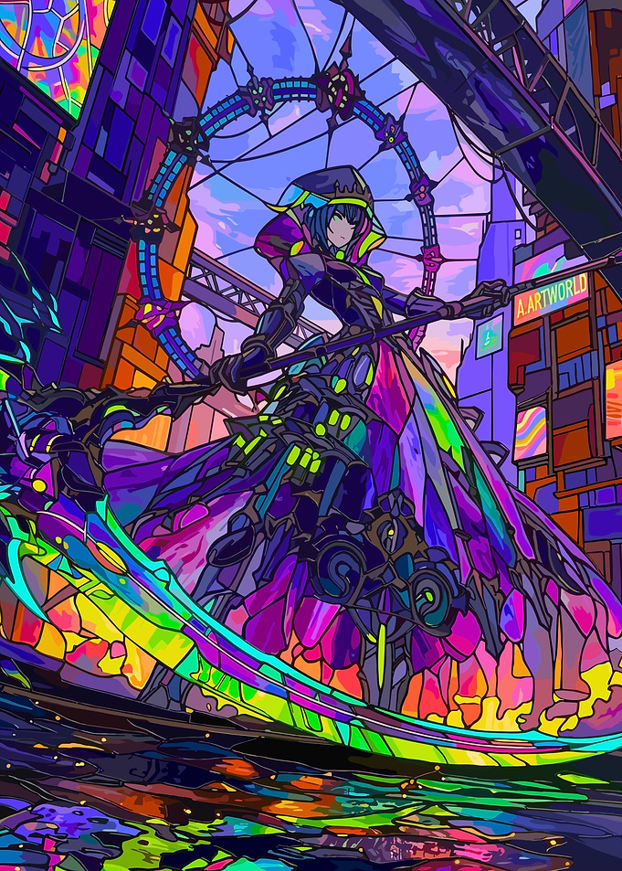 Anime Character in Stained Glass Cityscape