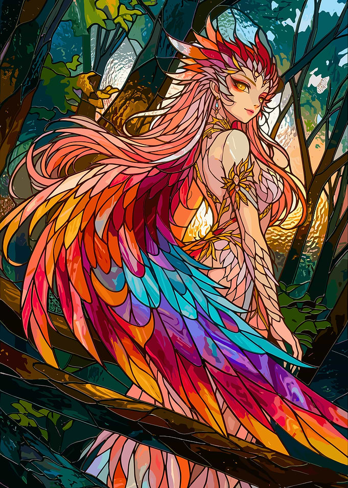 Stained Glass Phoenix Woman in Forest