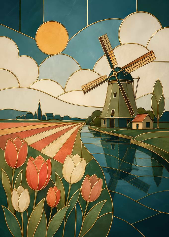 Stained Glass Windmill and Tulips