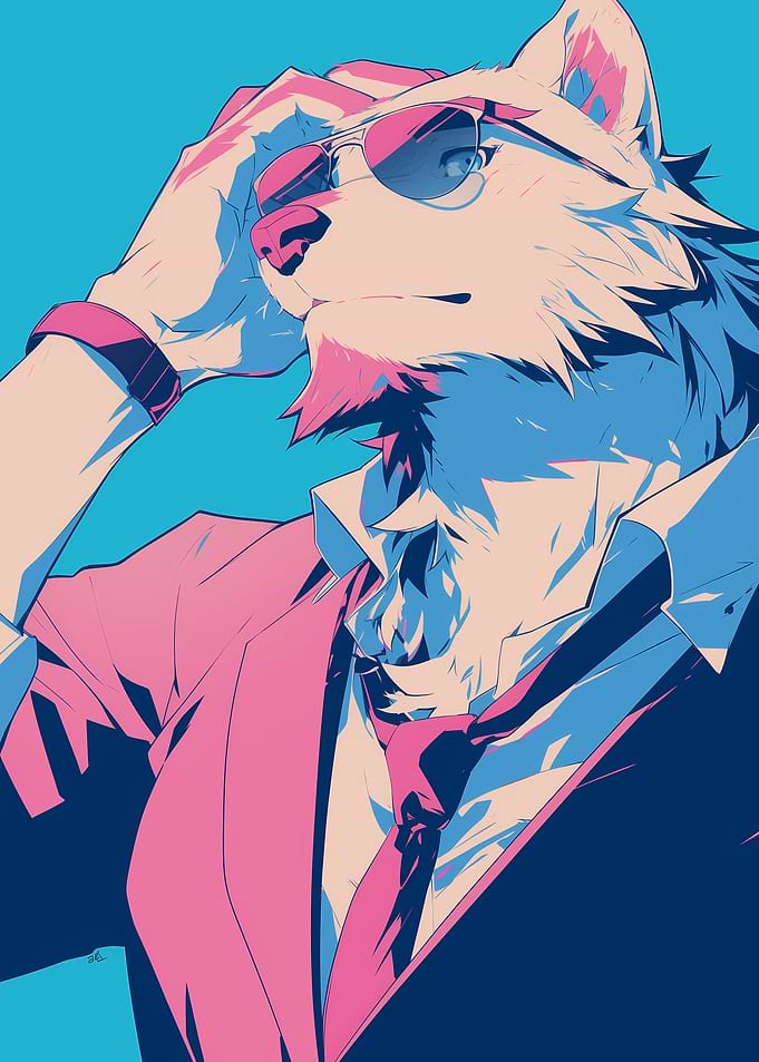 Anthropomorphic Wolf in Sunglasses and Suit