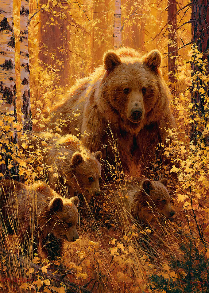 Mother Bear and Cubs in Autumn Forest