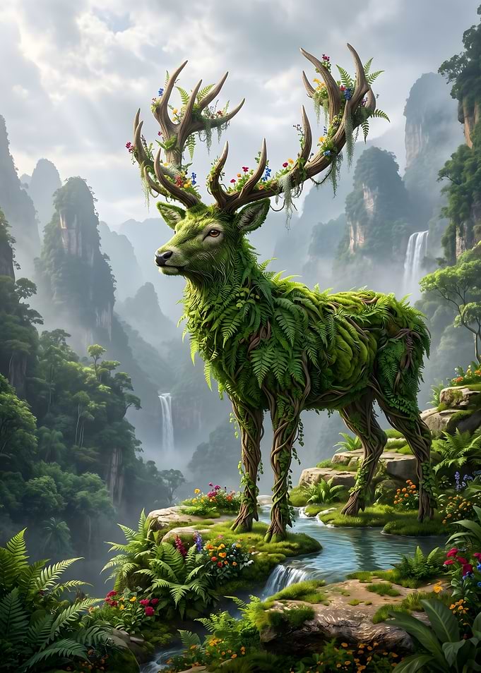Forest Deer with Flowers