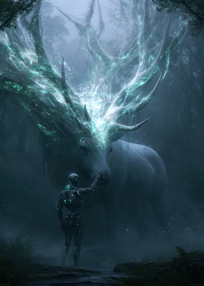 Robot and Mystical Deer in Forest