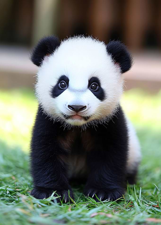 Adorable Panda Cub Sitting on Grass