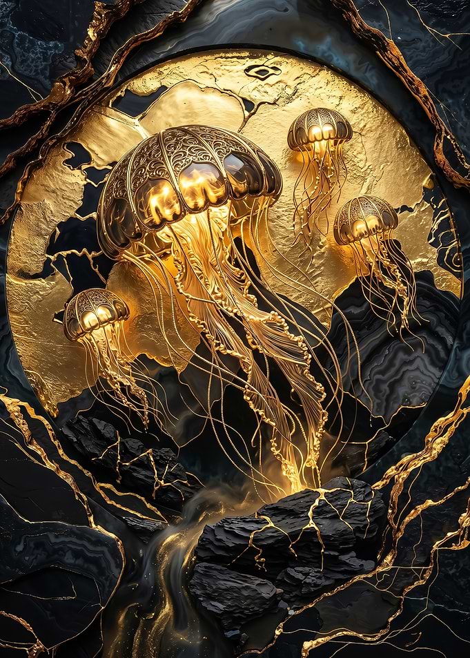 Golden Jellyfish on Dark Marble fantasy Background