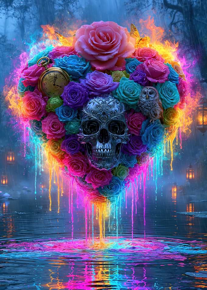 Heart of Roses with Skull and Fire