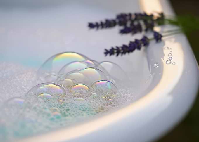 Lavender Bubbles in a White Basin