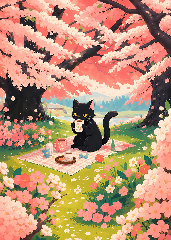 Black Cat Enjoying Tea Under Cherry Blossoms