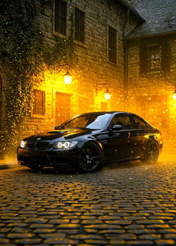 Black BMW M3 on Cobblestone Street