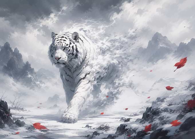 White Tiger in Snowy Mountains