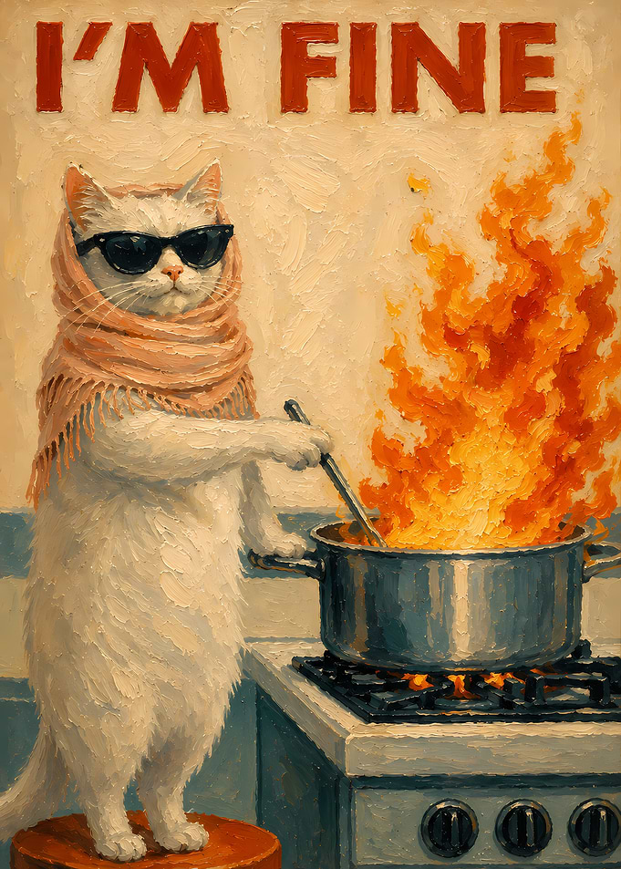 Cat in a Scarf Cooking in a Fire