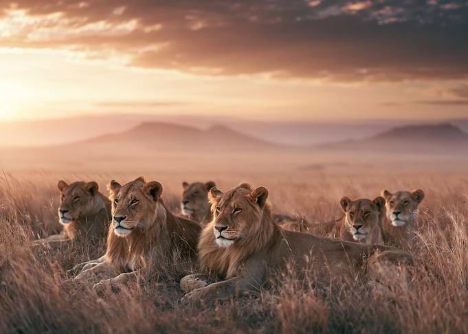 Lions resting in the savanna at sunset