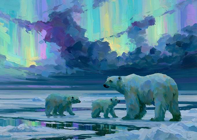 Polar Bears Under Aurora Borealis
