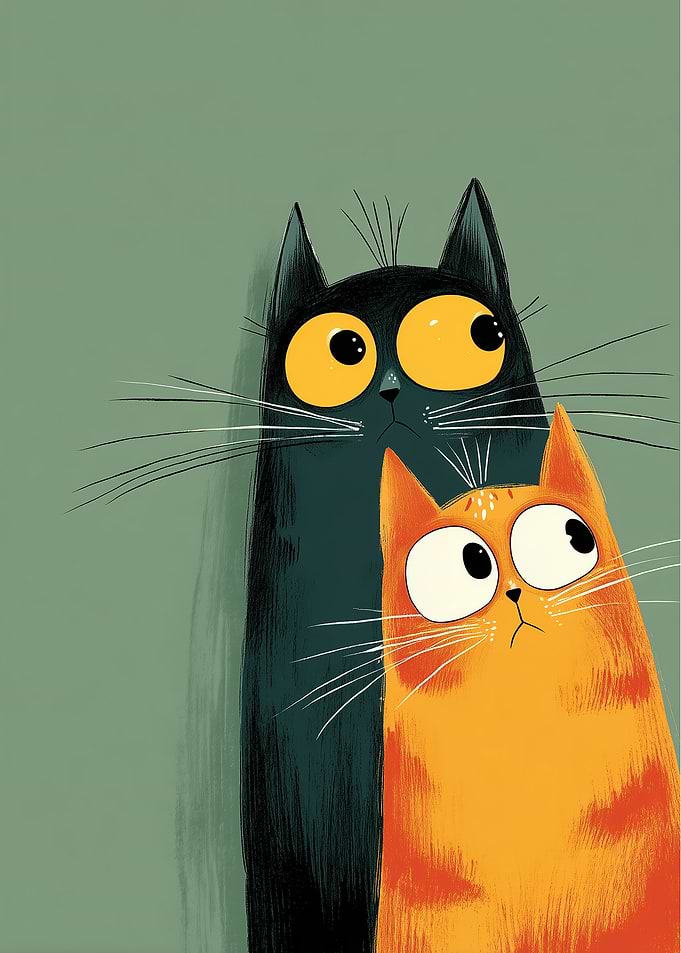 Two cartoon cats looking up