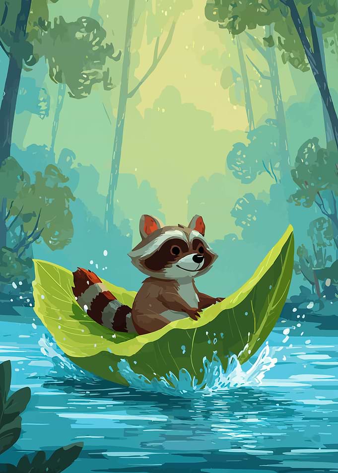 Raccoon sailing on a leaf boat