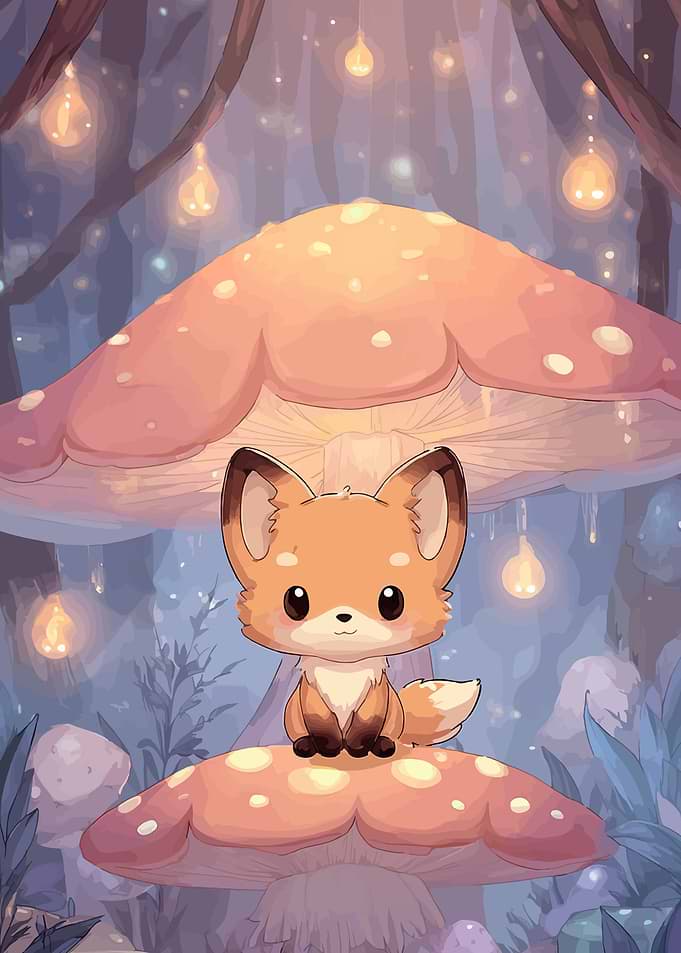 Cute Fox on Mushroom in Magical Forest