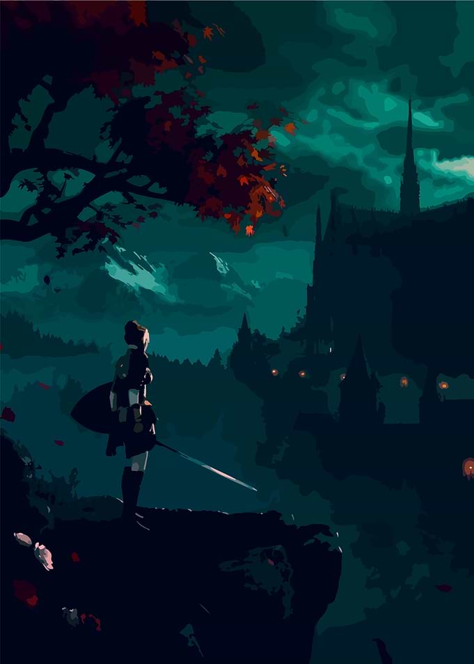 Warrior Overlooking Castle at Night