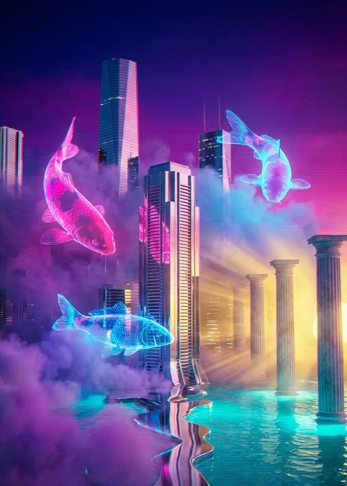 Holographic Koi Fish in Vaporwave Cityscape