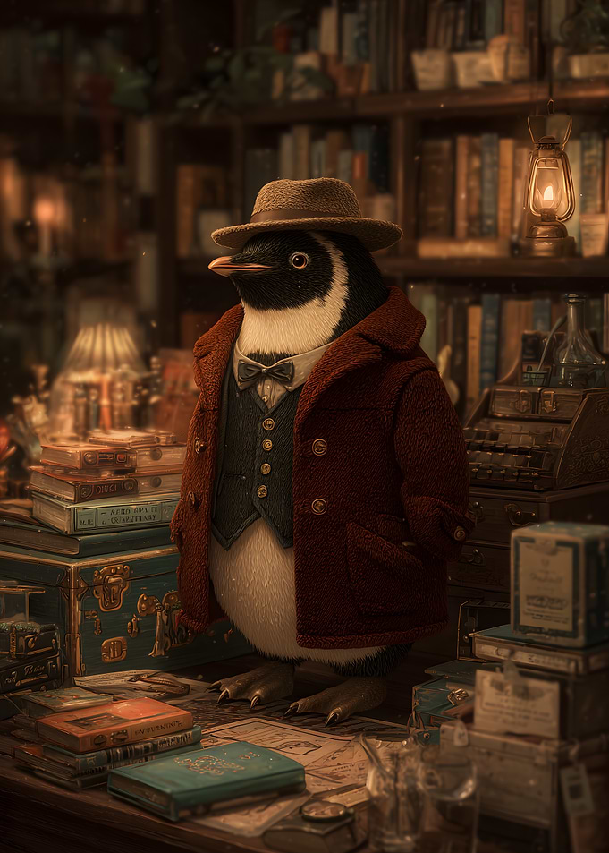 Dapper Penguin in a Library