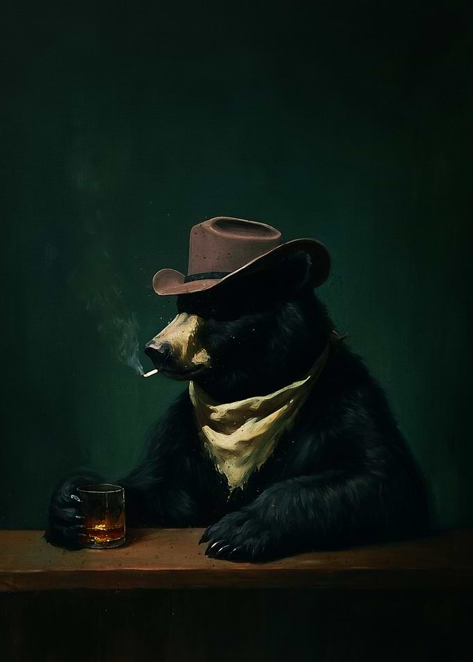 Bear in Cowboy Hat with Whiskey