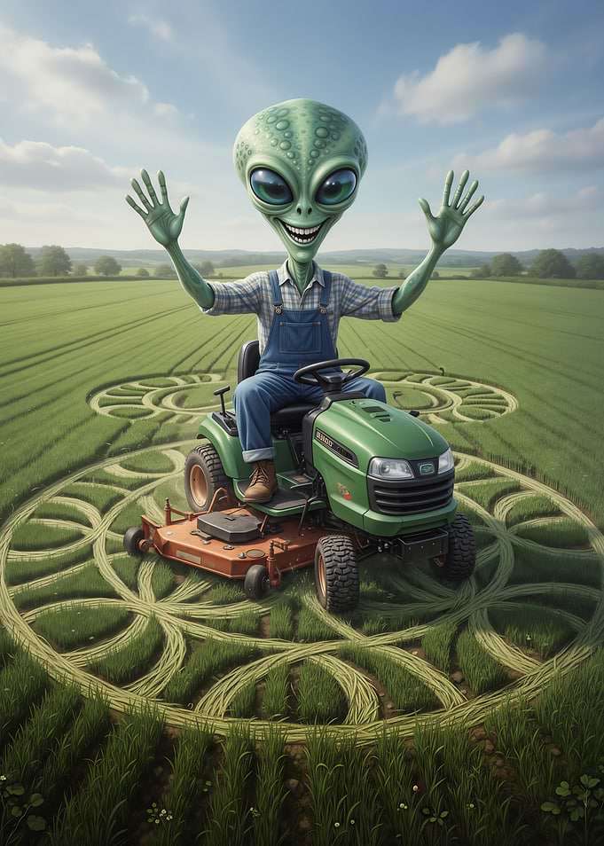 Alien farmer on a riding mower