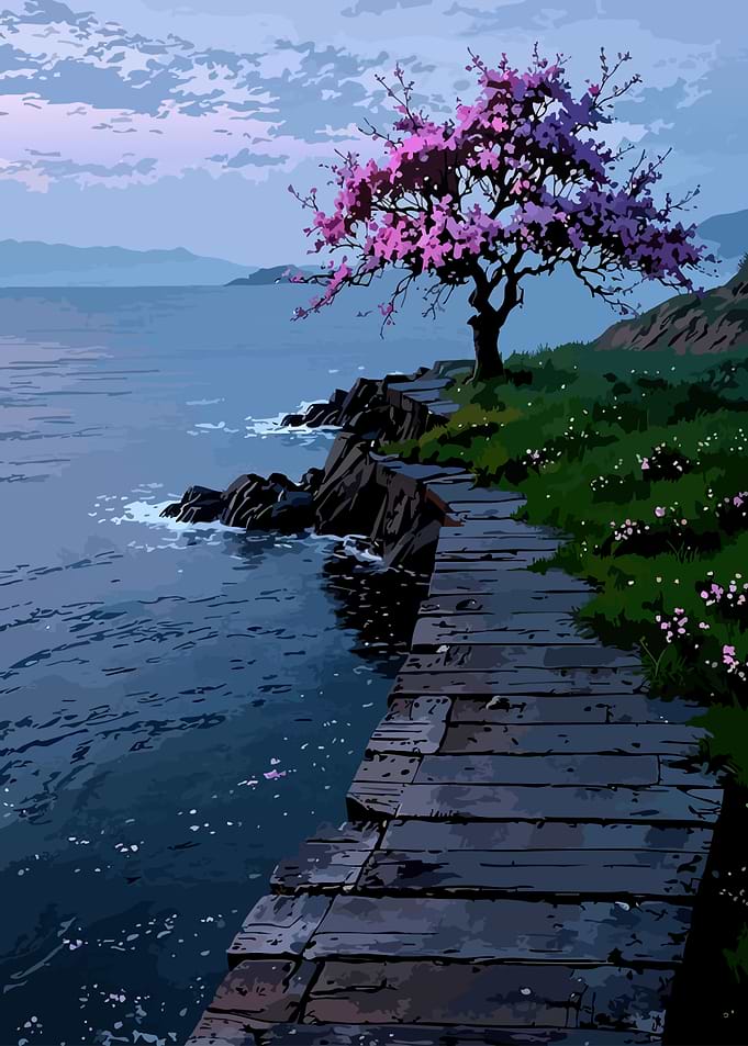 Serene Cherry Blossom Path by the Sea