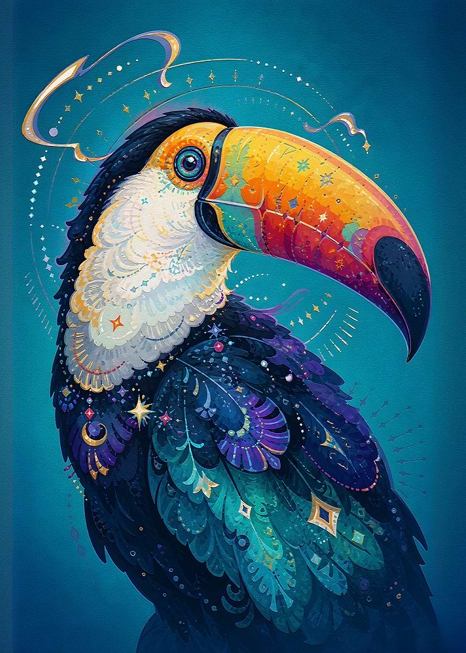 Whimsical Toucan with Celestial Decorations