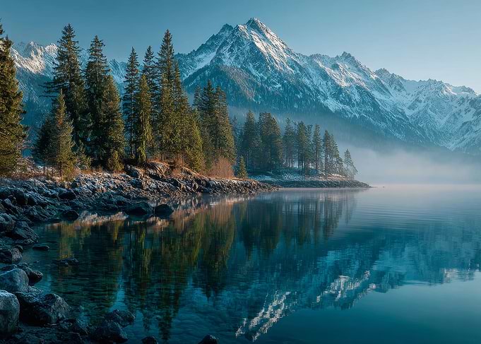 Misty Mountain Lake Reflection