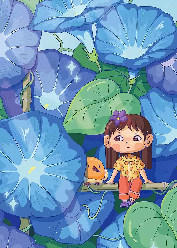 Girl and Bird Among Morning Glories