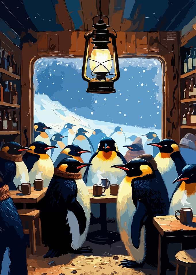 Penguins in a Cozy Bar