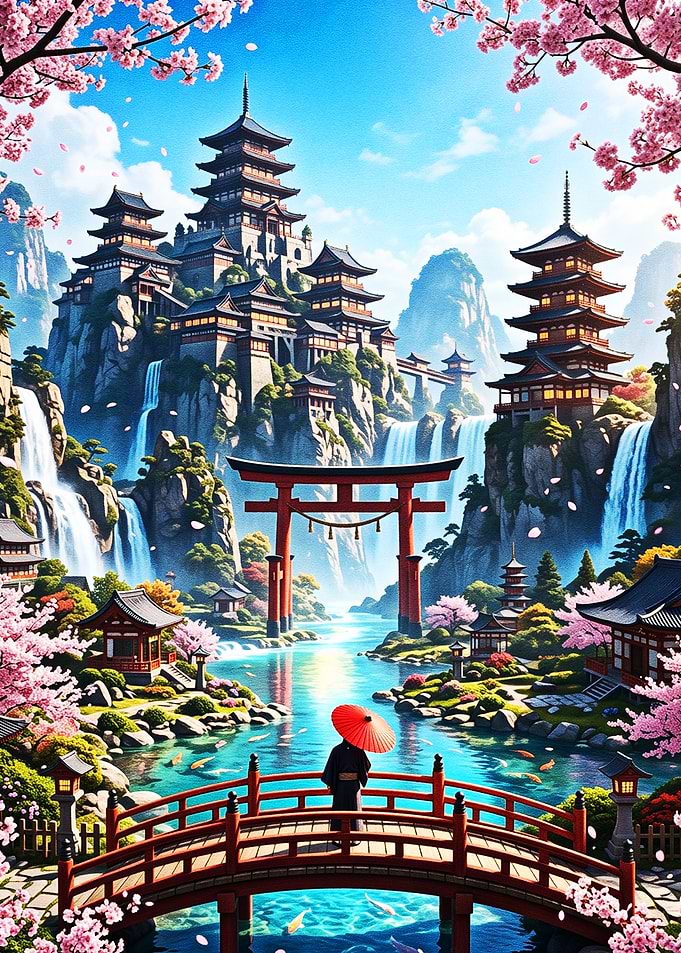 Serene Japanese Landscape with Pagodas