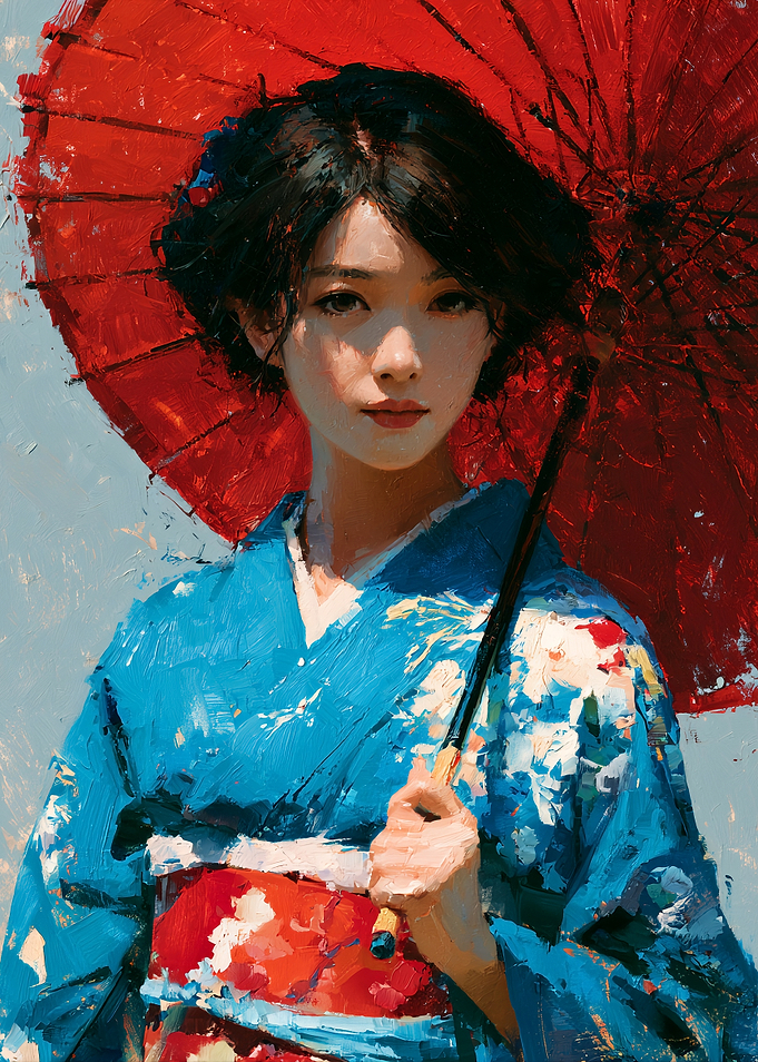 Woman in Kimono with Red Umbrella