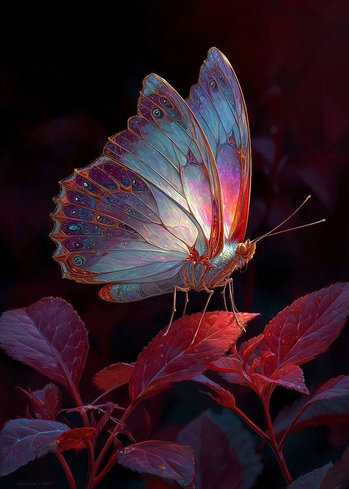 Iridescent Butterfly on Red Leaves