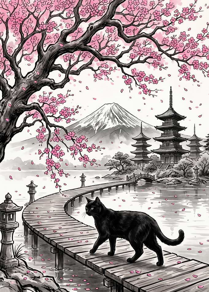 Black Cat on a Cherry Blossom Bridge