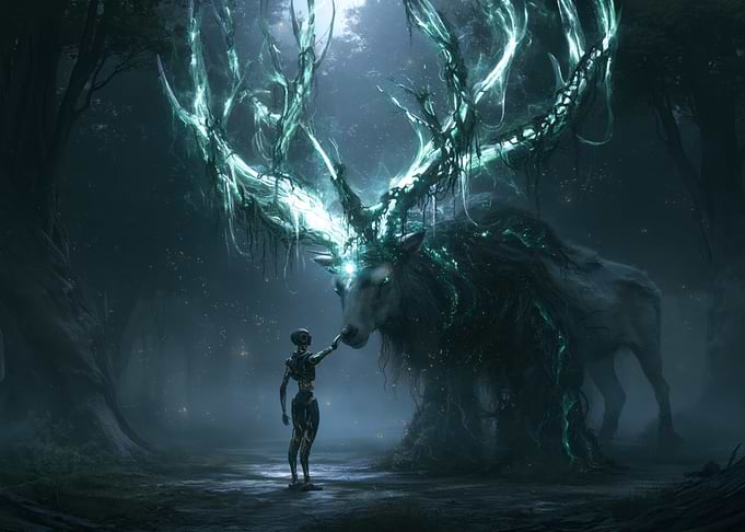 Robot and Glowing Spirit Deer in Forest