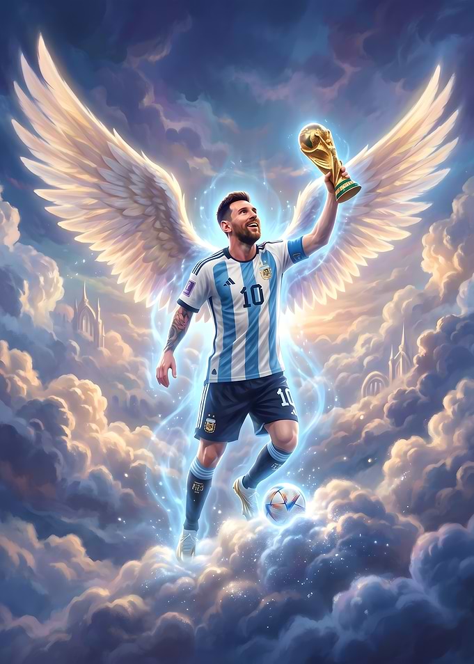 Lionel Messi with World Cup Trophy and angel wings