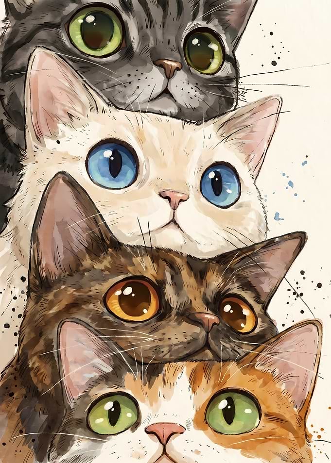Stack of Cute Cats with Big Eyes