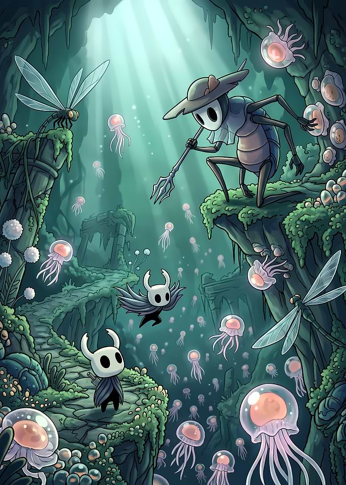 Hollow Knight Characters in Underwater Cave