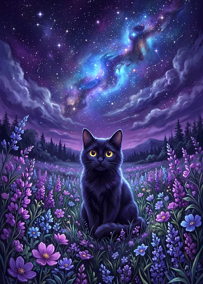 Black Cat in a Starry Lavender Field